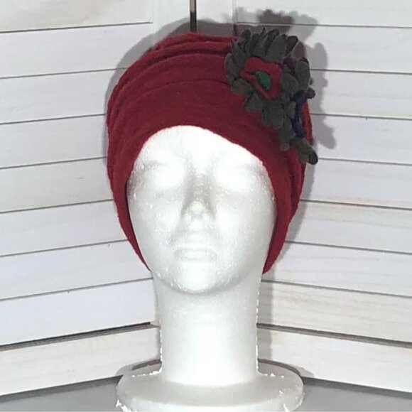 Vintage Florence Wool Felt Wool Hat Emily in Paris Floral Appliqué Deep Red OS - Picture 4 of 7